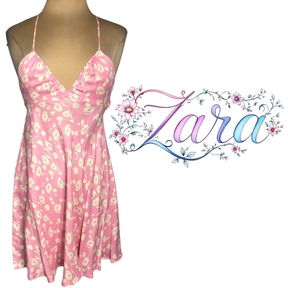Zara Dresses & Skirts - Zara pink and white floral satin halter mini dress size XS